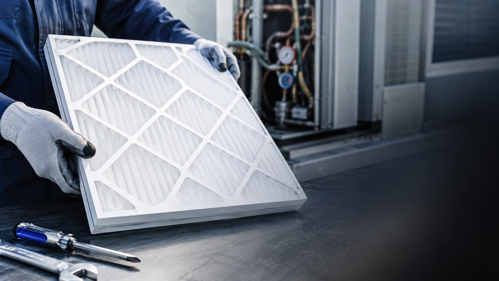 Profesjonalny serwis klimatyzacji — technik z nowym filtrem Klimatron