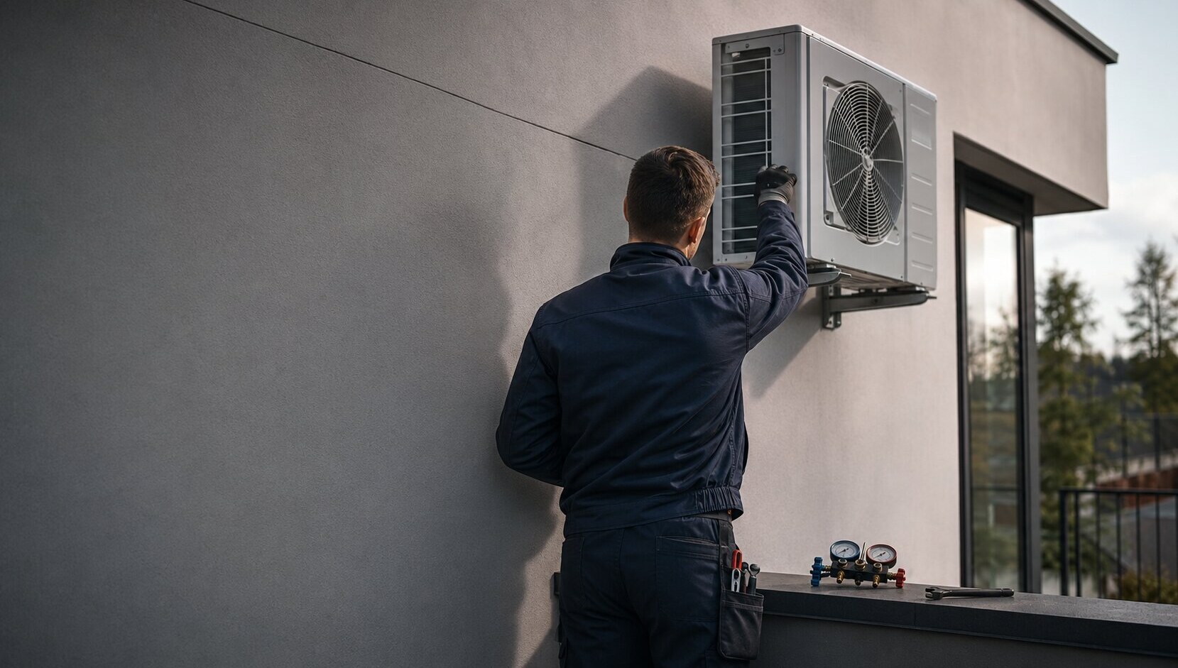 Serwis klimatyzacji — technik przy jednostce zewnętrznej